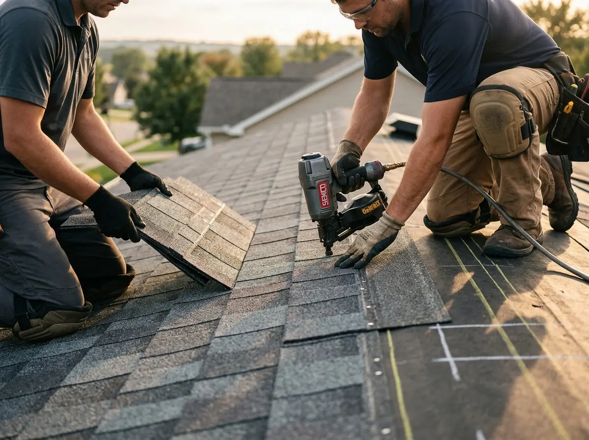Professional roofer working on a residential roof in Noblesville